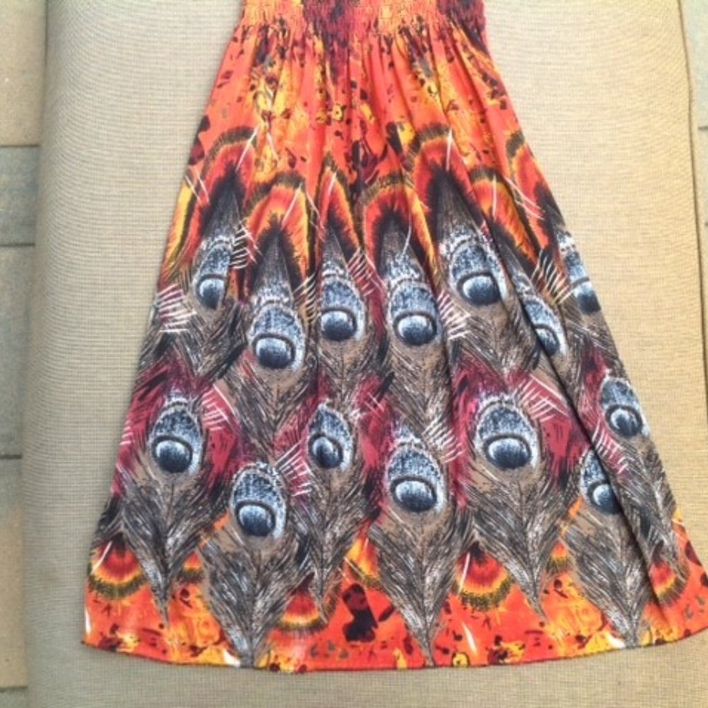 NWT LACE ORANGE PEACOCK FEATHER PRINT DRESS SUNDRESS M - Picture 4 of 7